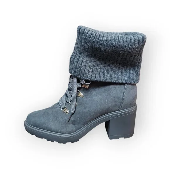 Just Fab Camber Knitted Cuff Lace-Up Booties Gray Caviar Chunky Heeled Size 9 - Picture 3 of 10